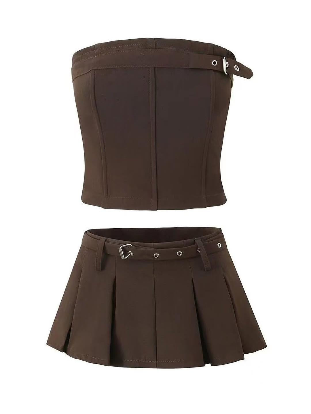 Belted Boning Corset Tube Top & Flare Skirt Coord Set with belt