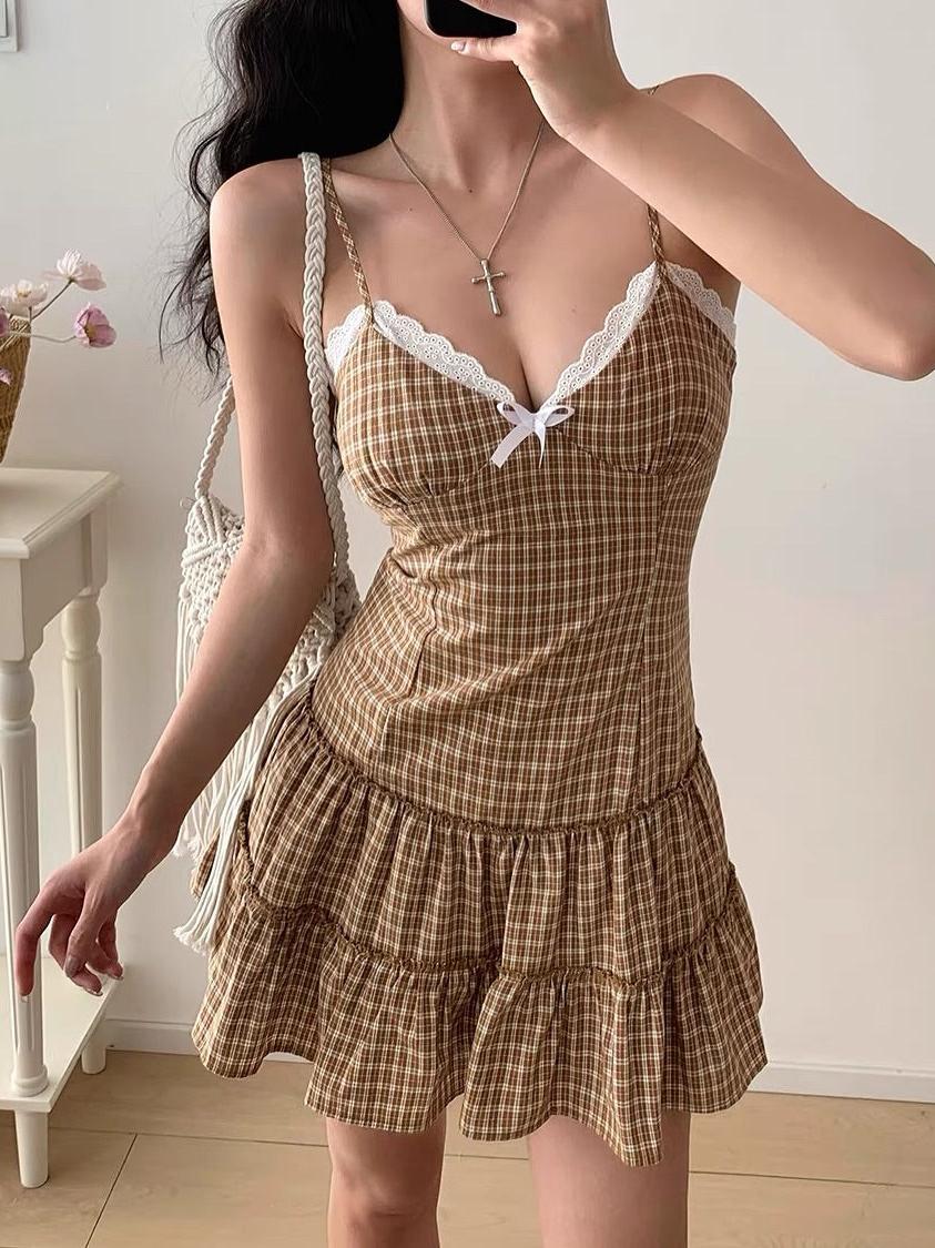 Gingham Print Ruffle Print Lace short Dress