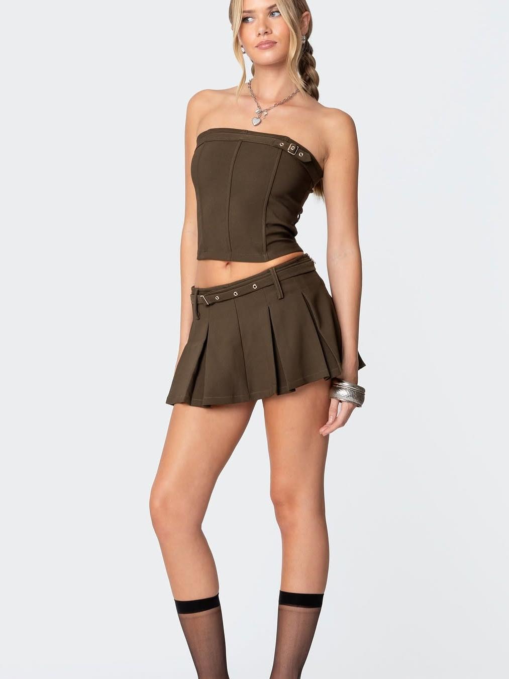 Belted Boning Corset Tube Top & Flare Skirt Coord Set with belt