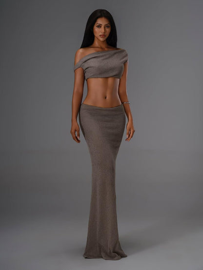 Knitted Asymmetric Top And Long Skirt Coord Set