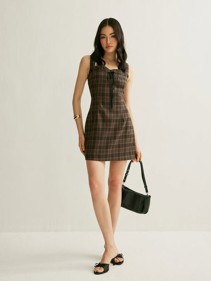 Brown Gingham Print Short Sweetheart Neck Dress