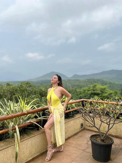 Halterneck Cutout Swimsuit & Skirt Coord Set