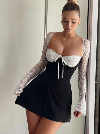 Black & White Short Corset Bell Sleeve Lace Dress