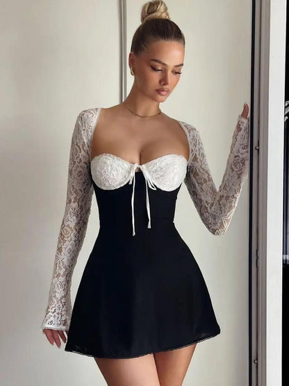 Black & White Short Corset Bell Sleeve Lace Dress