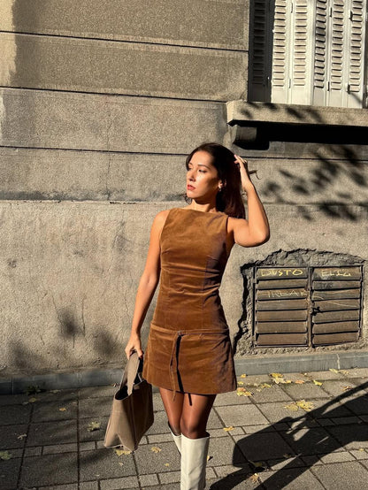 Corduroy Sleeveless Short Dress With Belt