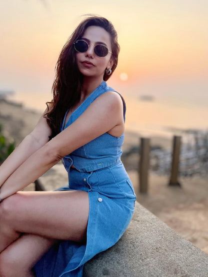 Denim Vest Waist Coat & Slit Skirt Coord Set