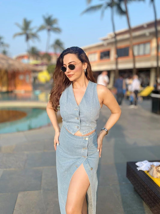 Denim Vest Waist Coat & Slit Skirt Coord Set