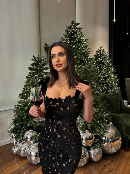 Bow Applique Strap Floral Cutout Slit Maxi Dress