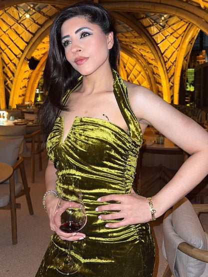 Green Halterneck Deep Neck Velvet Dress