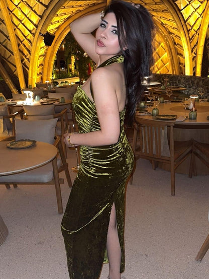 Green Halterneck Deep Neck Velvet Dress