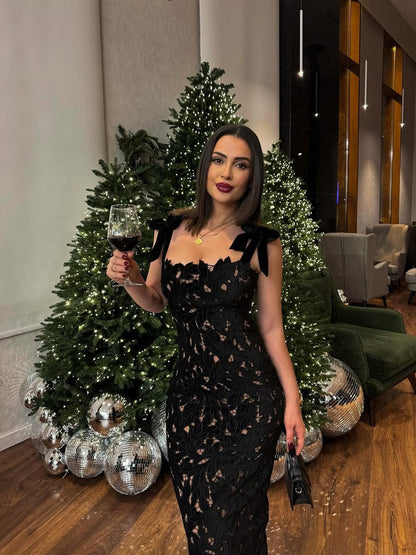 Bow Applique Strap Floral Cutout Slit Maxi Dress