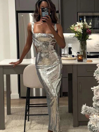 Sequins Backless Slit Sling Maxi Dress