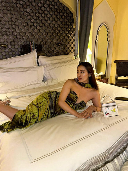 Green Halterneck Deep Neck Velvet Dress