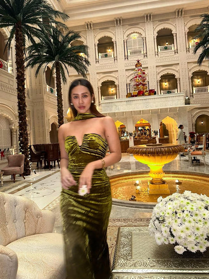 Green Halterneck Deep Neck Velvet Dress
