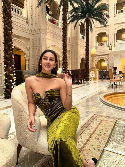 Green Halterneck Deep Neck Velvet Dress