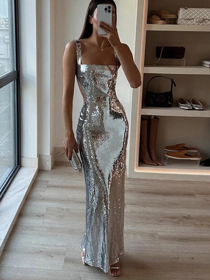 Sequins Backless Slit Sling Maxi Dress