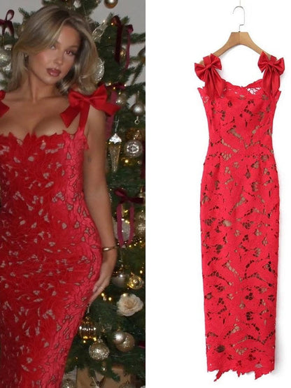 Bow Applique Strap Floral Cutout Slit Maxi Dress