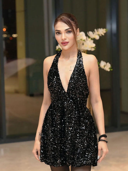 Halterneck Sequins Backless  Dress