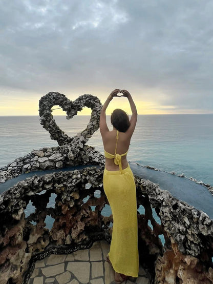 Flower Applique Halterneck Crochet Backless Dress