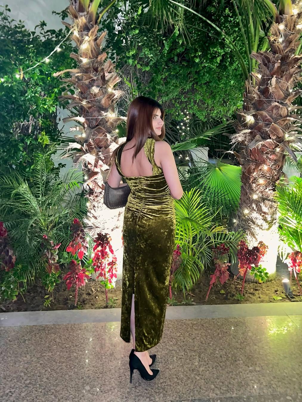 Green Halterneck Deep Neck Velvet Dress