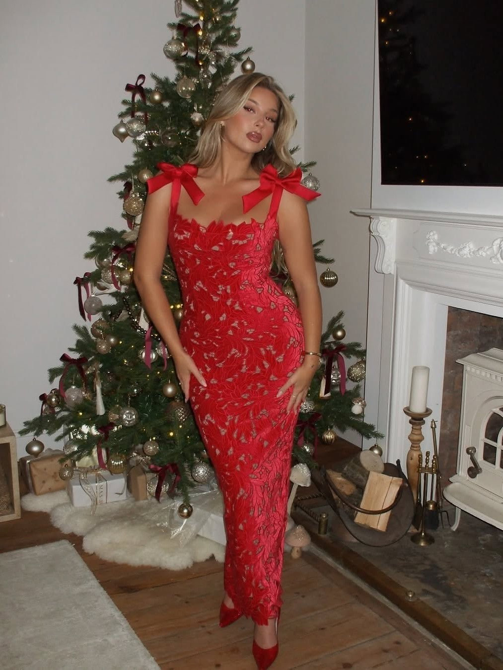 Bow Applique Strap Floral Cutout Slit Maxi Dress