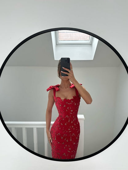 Bow Applique Strap Floral Cutout Slit Maxi Dress