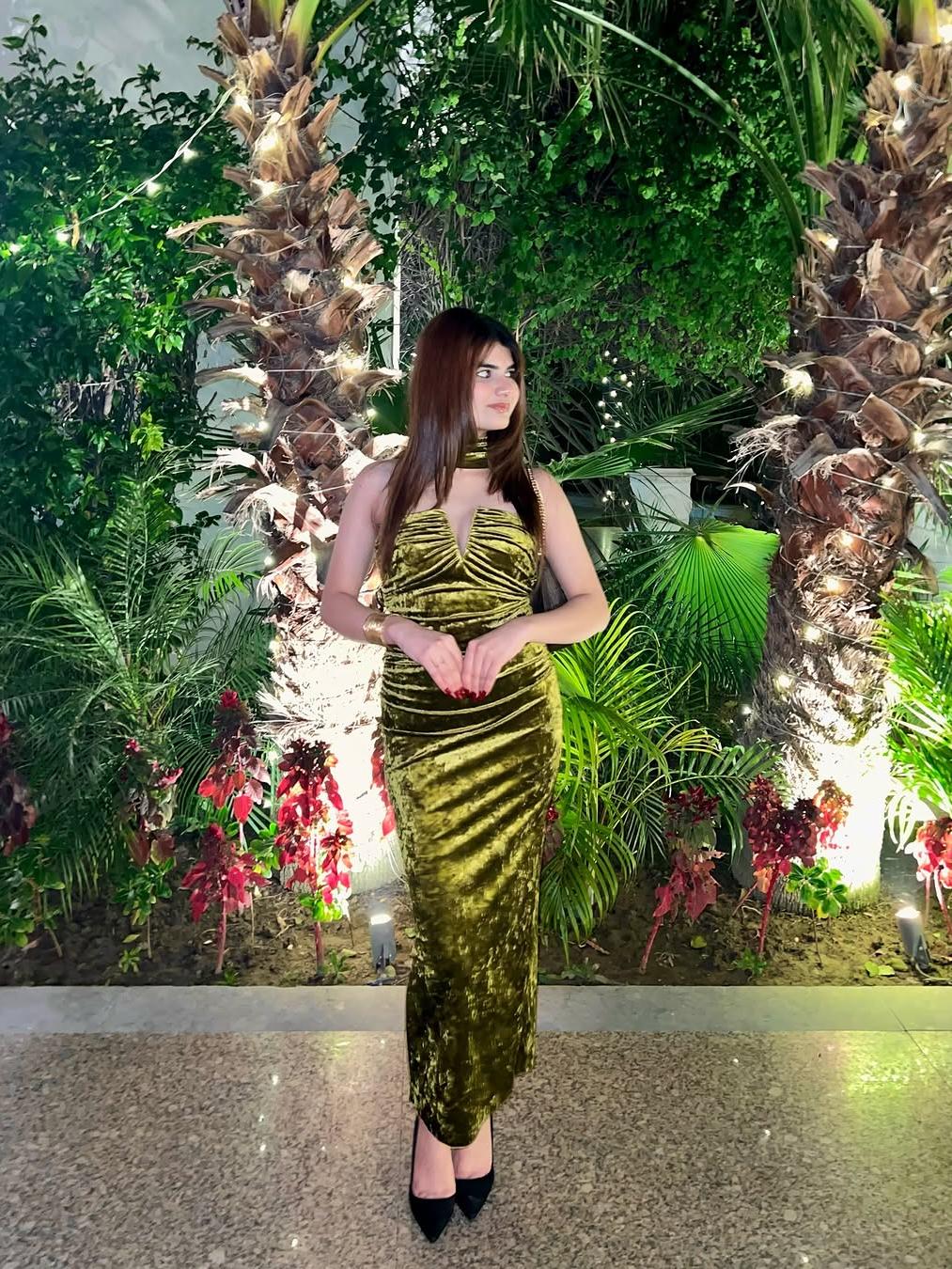 Green Halterneck Deep Neck Velvet Dress