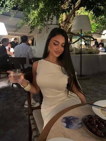 Oblique Shoulder White Maxi Dress