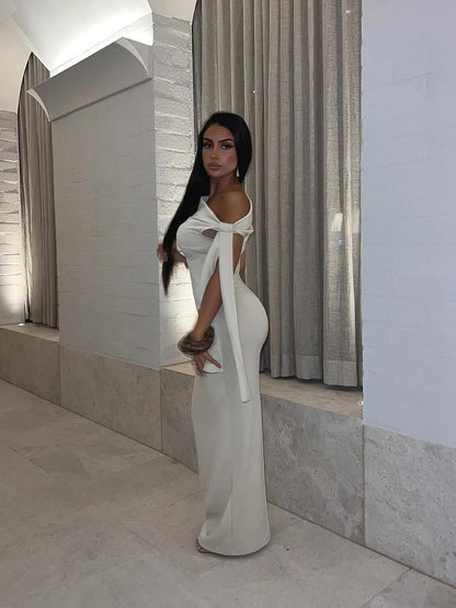 Oblique Shoulder White Maxi Dress
