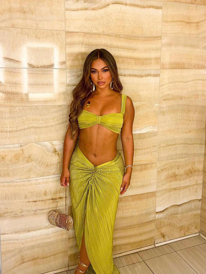 Pleated Cami Top & Ruched Slit Skirt Coord Set