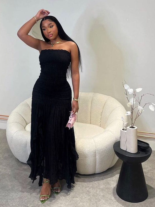 Black Bandeau Tube Frill Dress