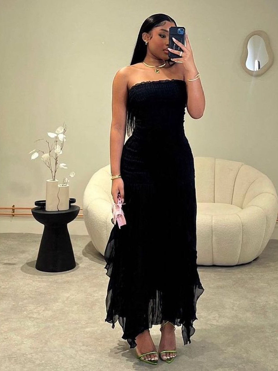 Black Bandeau Tube Frill Dress