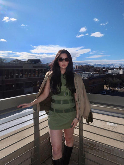 Olive Green Short Dress with 3 Belt