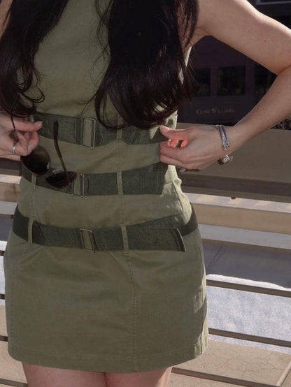 Olive Green Short Dress with 3 Belt