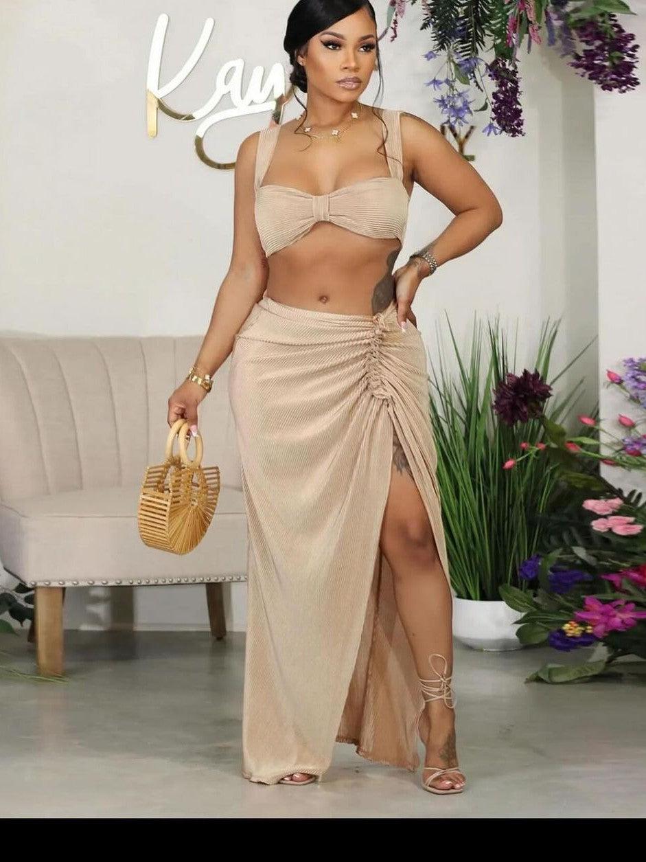 Pleated Cami Top & Ruched Slit Skirt Coord Set