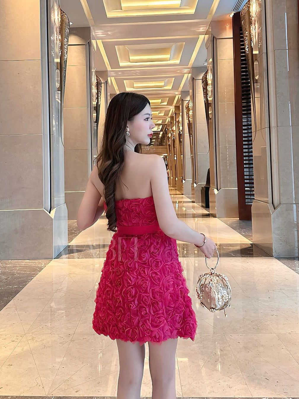 Tube Bandeau Rose Short Dress with Belt
