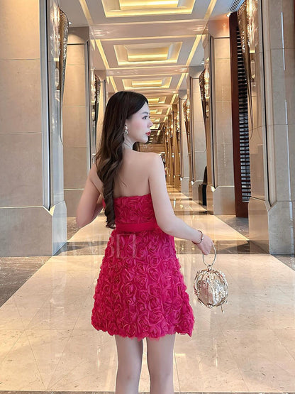 Tube Bandeau Rose Short Dress with Belt
