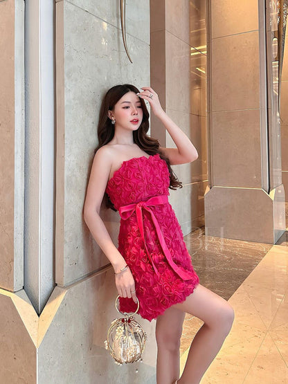 Tube Bandeau Rose Short Dress with Belt