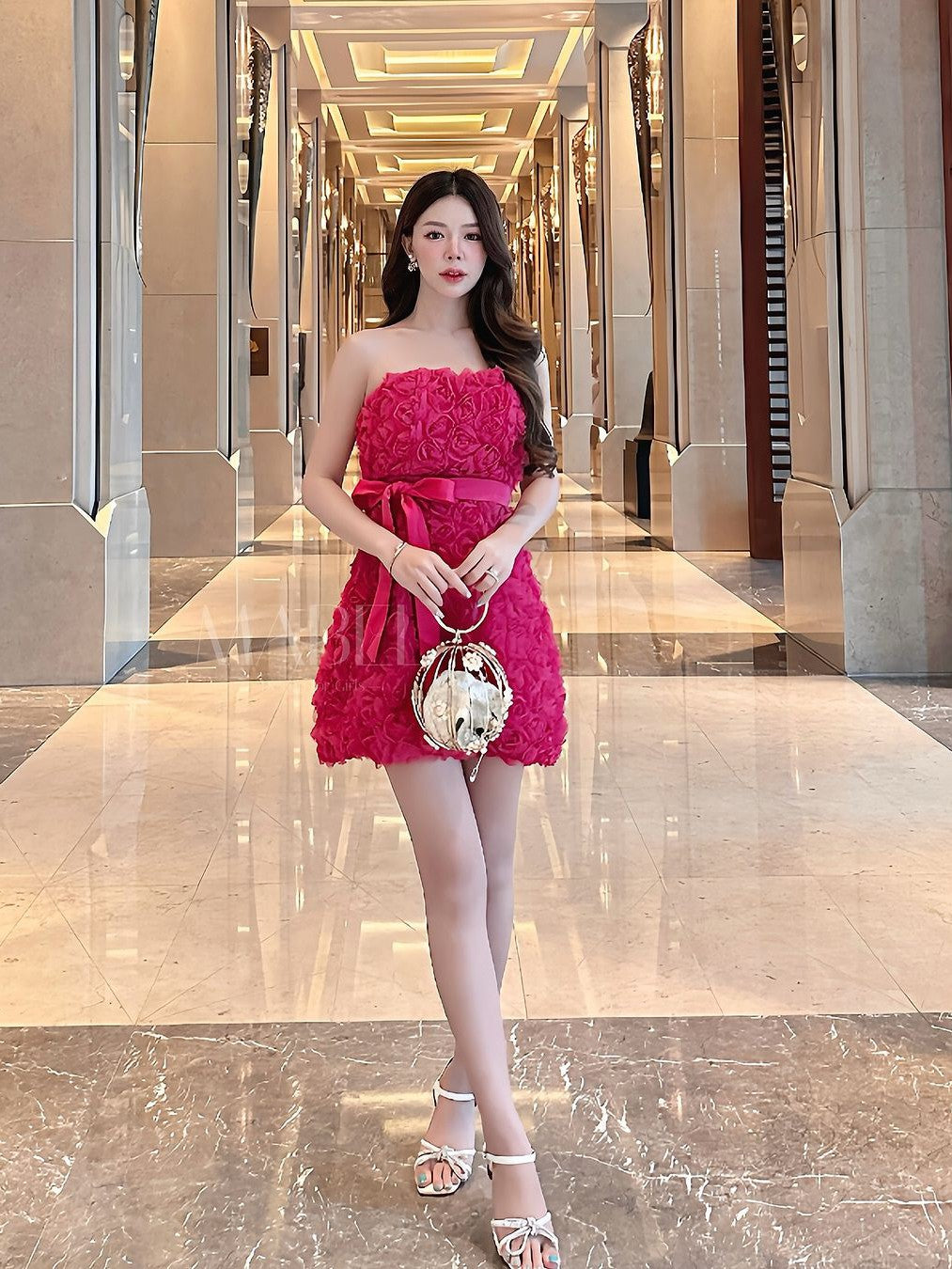 Tube Bandeau Rose Short Dress with Belt