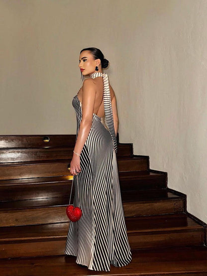Halterneck Stripe Maxi Knotted Dress