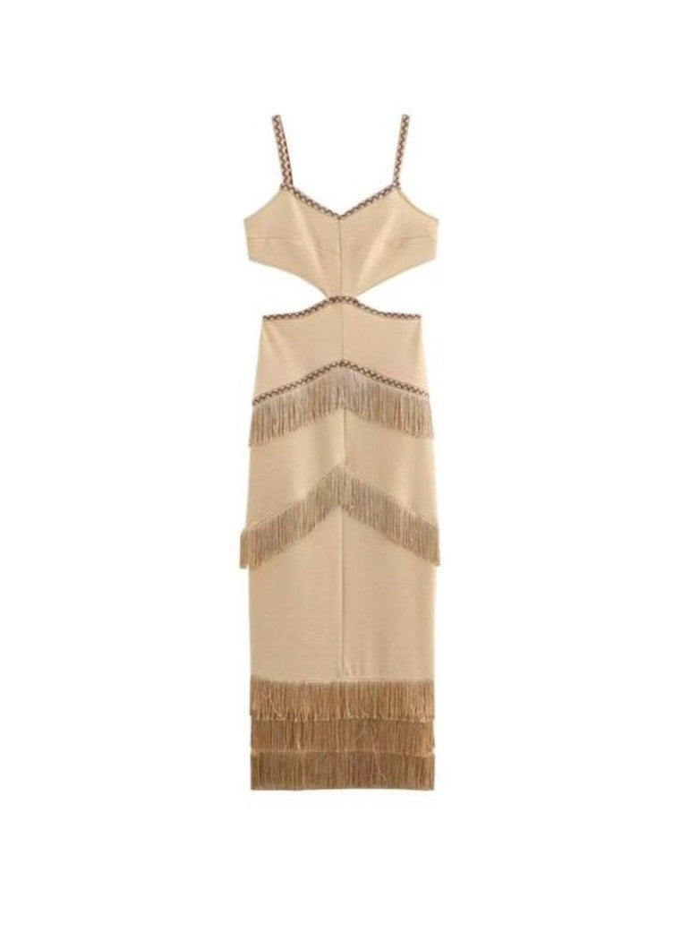 Spaghetti Strap Cutout Tassel Dress