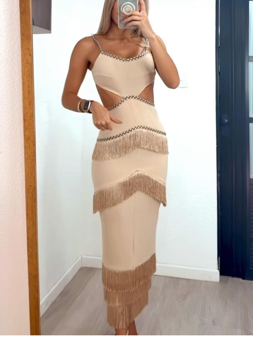 Spaghetti Strap Cutout Tassel Dress