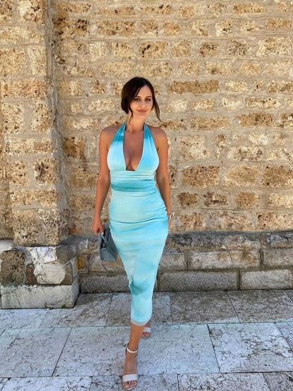 Halterneck Tie Dye Print Backless Dress