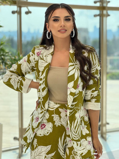 Floral Print Long Blazer with Pant Coord Set