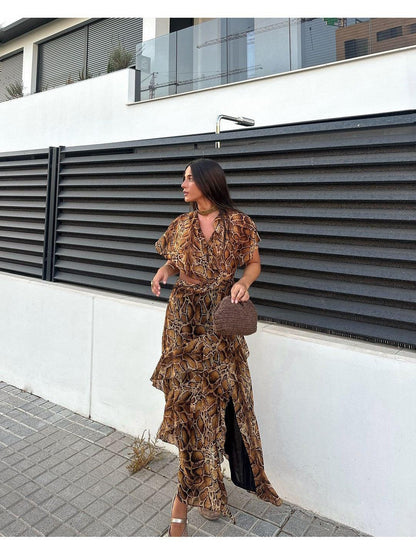 Animal Print Short Sleeves Cutout Ruffle Maxi Dress