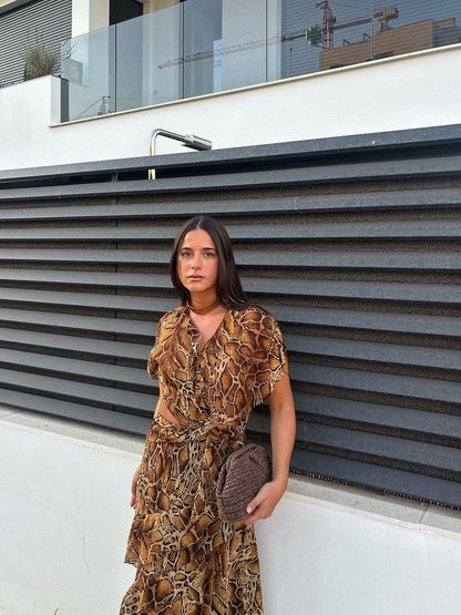 Animal Print Short Sleeves Cutout Ruffle Maxi Dress