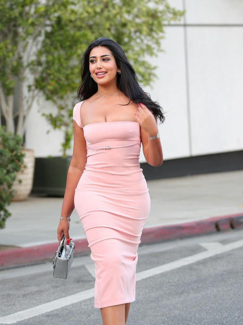 Araya Square Neck Short Sleeves Belted Slit Midi Dress