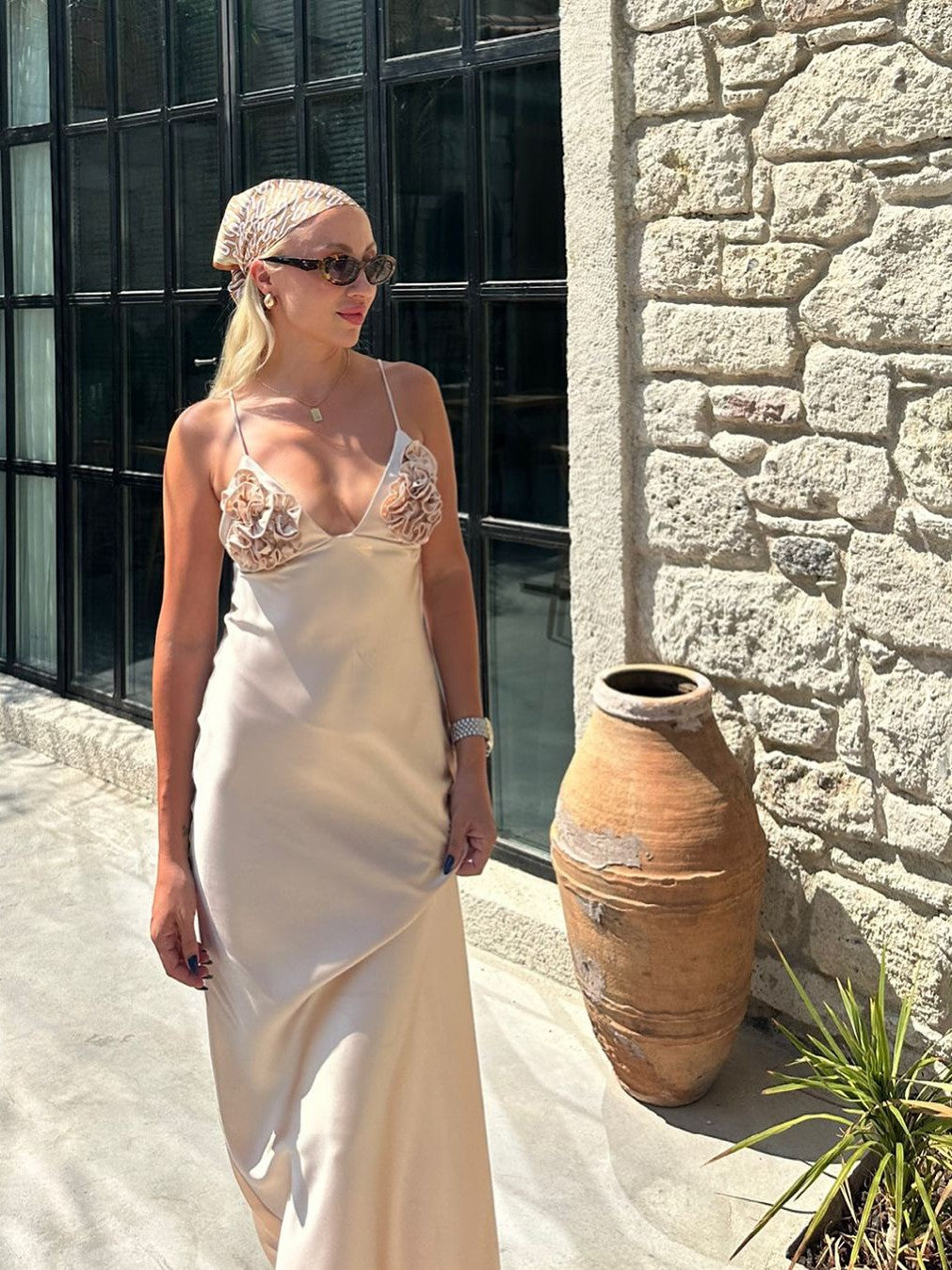 Applique Rose Spaghetti Strap Ruffle Slip Maxi Dress