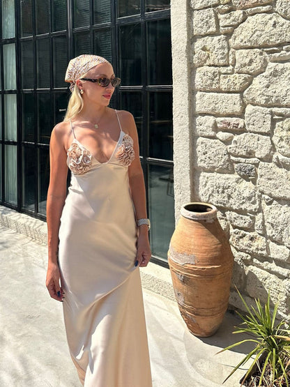 Applique Rose Spaghetti Strap Ruffle Slip Maxi Dress