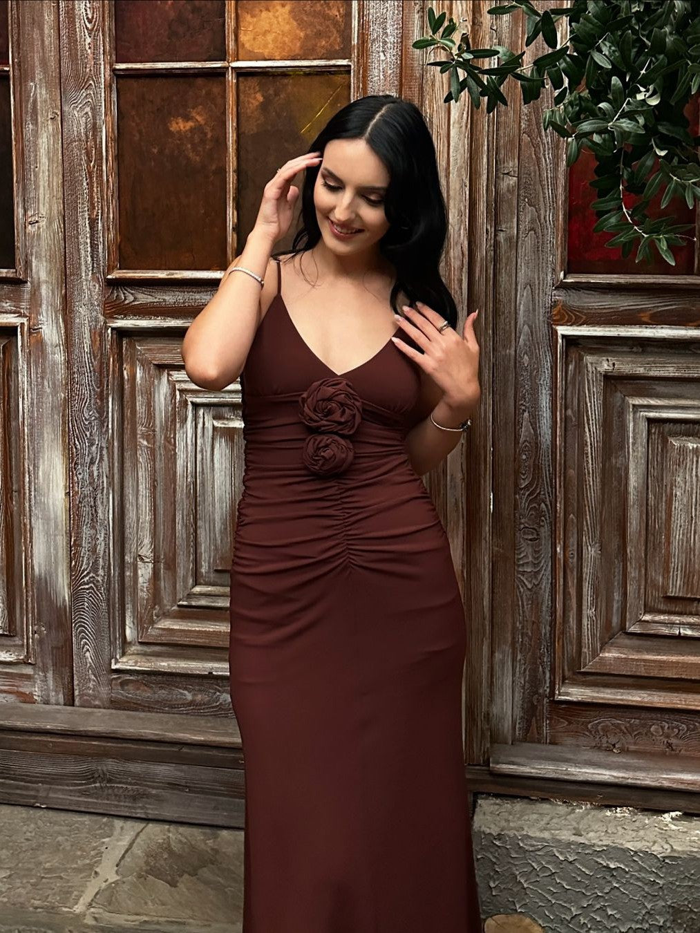 Spaghetti Srap Flower Applique Ruched Maxi Dress